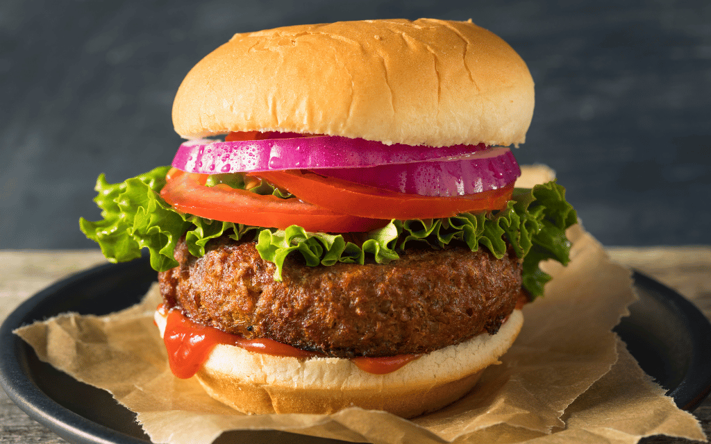 Up close photo of a vegan burger